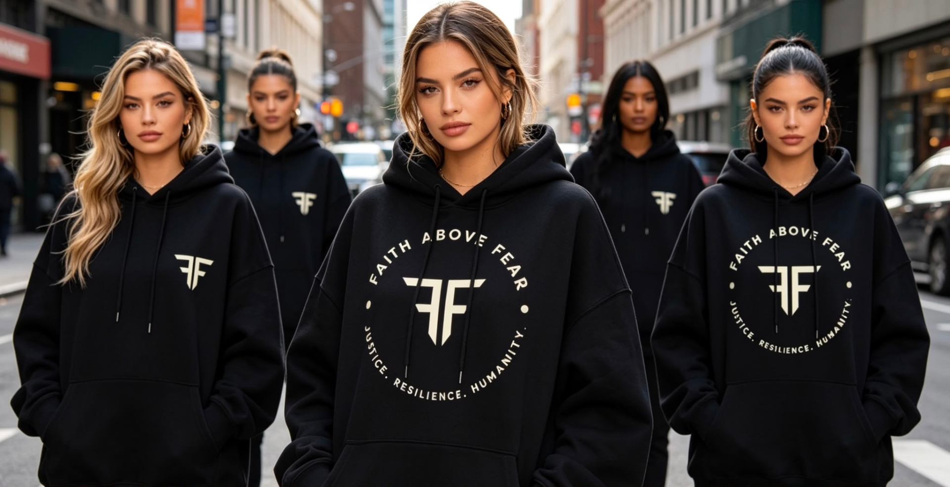 Faith Above Fear — a group wearing the seal hoodie on a city street