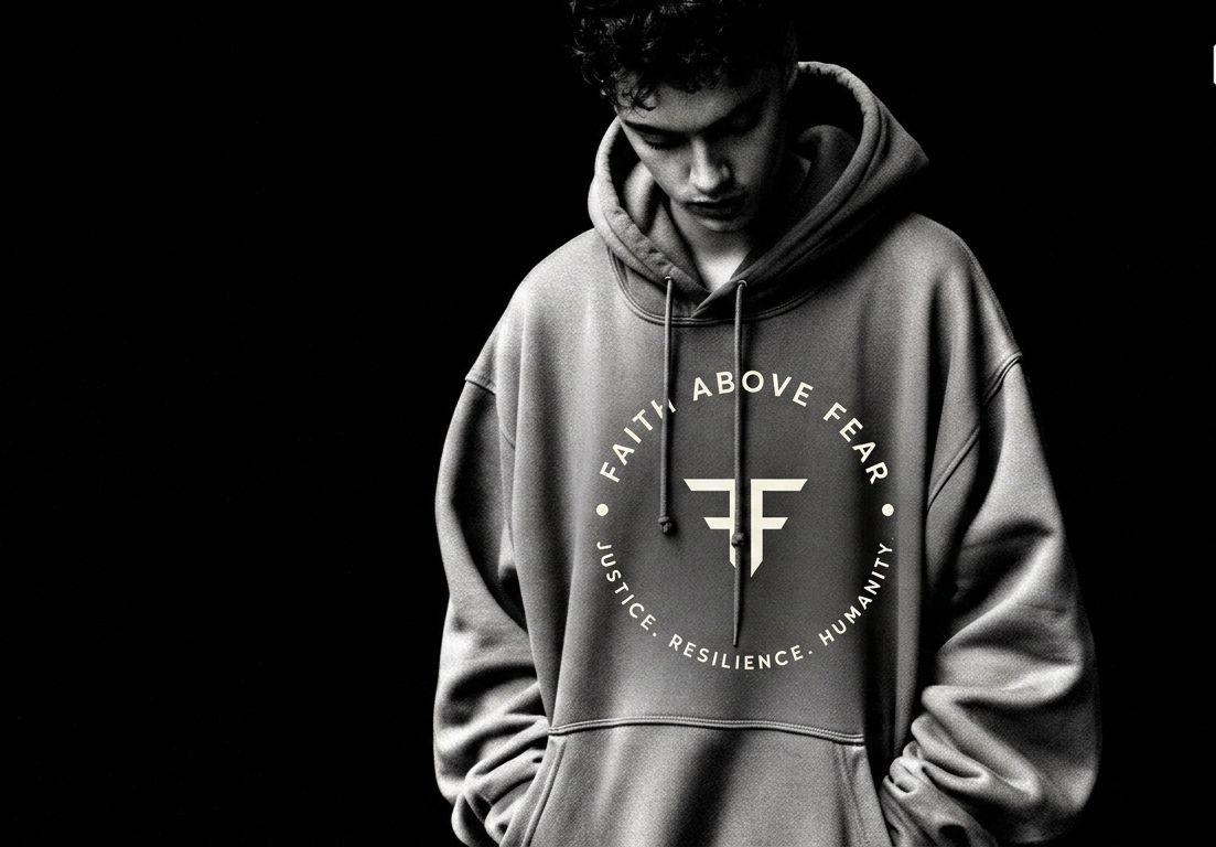 Faith Above Fear — a quiet portrait in the circular seal hoodie