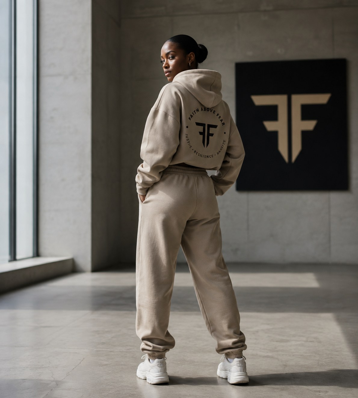 Faith Above Fear — sand hoodie and joggers beside the FF mark