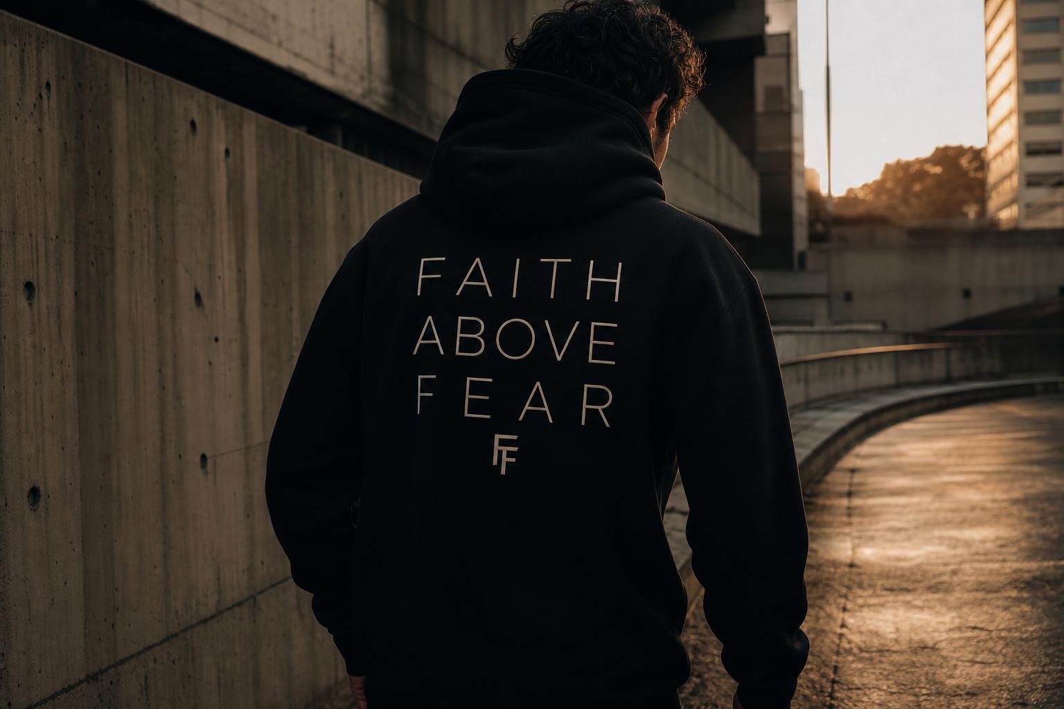 Faith Above Fear Chapter 01 — model in cream hoodie and wide-leg trousers